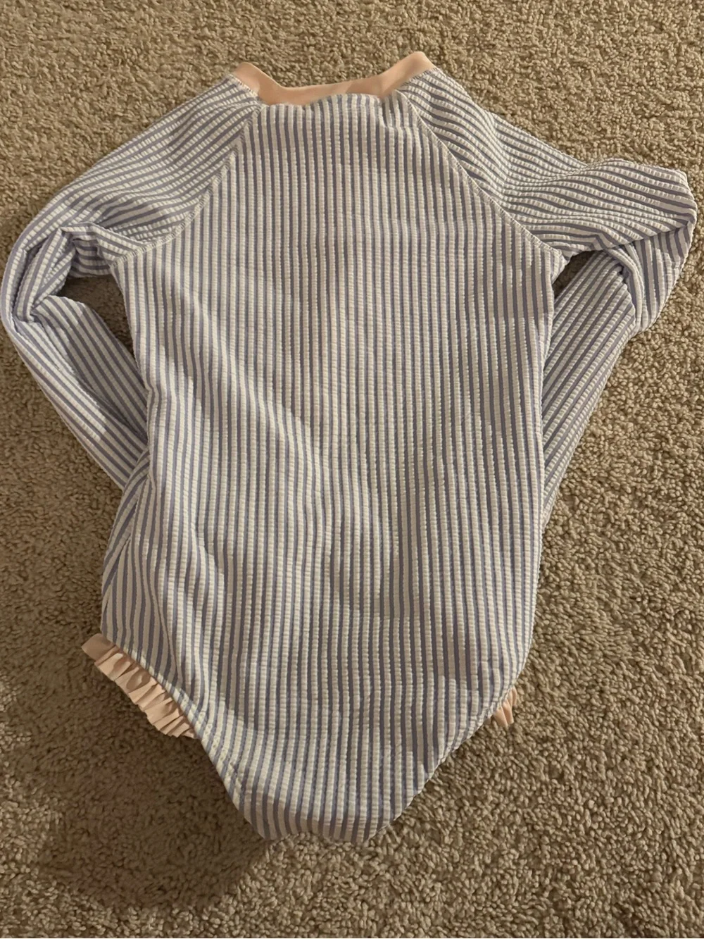Ruffle Butts Blue & White Striped Long-Sleeve Rashguard with Pink Trim